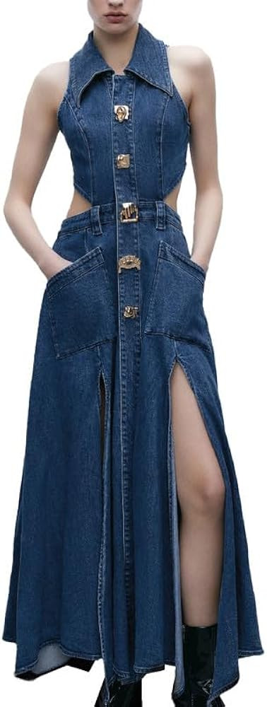 Women's Casual Denim Dresses 2024 Fashion Lapel Sleeveless Cut-Out Sides Slit with Big Pockets | Amazon (US)
