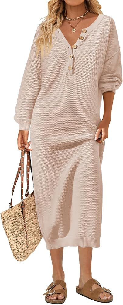 MEROKEETY Women's 2023 Long Sleeve Button V Neck Sweater Dress Casual Fall Loose Knit Maxi Dress | Amazon (US)