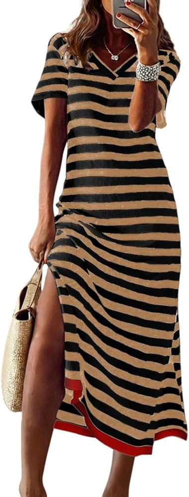 Dokotoo Womens 2026 Short Sleeve Maxi Dress Striped Split T Shirt Dress | Amazon (US)