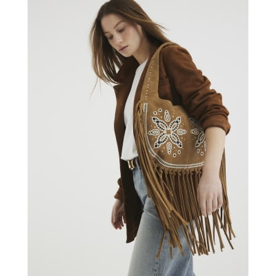 Brown Suede Fringed Broderie Shoulder Bag | River Island UK & IE