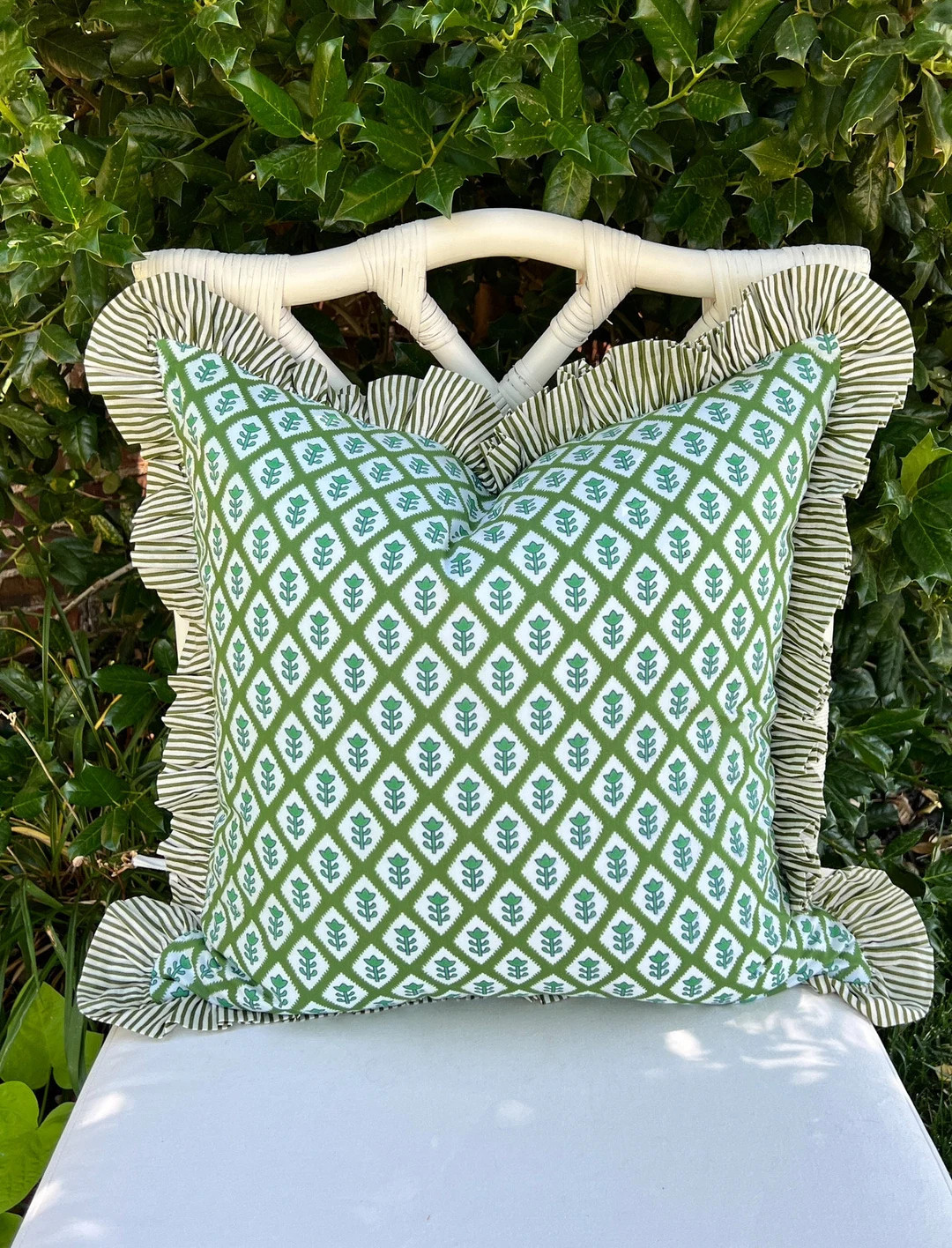 Green block print pillow cover with striped ruffle trim | Etsy (US)