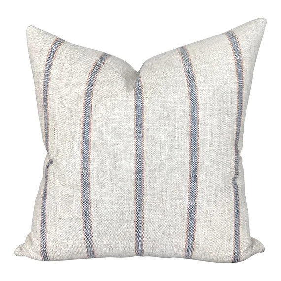 Designer Navy and Orange Stripe Linen Pillow Cover // Caleb in - Etsy | Etsy (US)