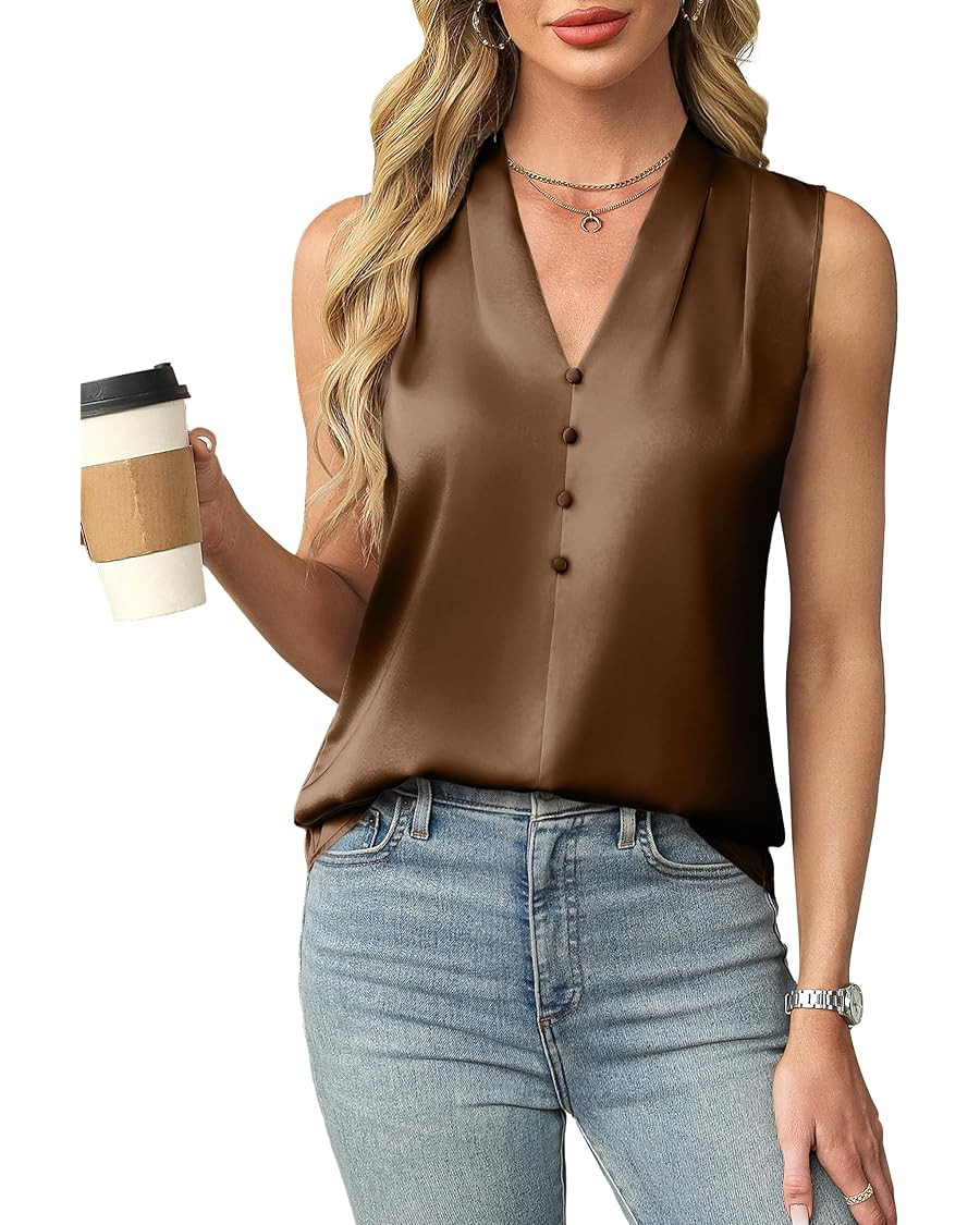 Blooming Jelly Womens Dressy Tank Tops Summer Sleeveless Work Blouses Silk Satin V Neck Shirts Bu... | Amazon (US)