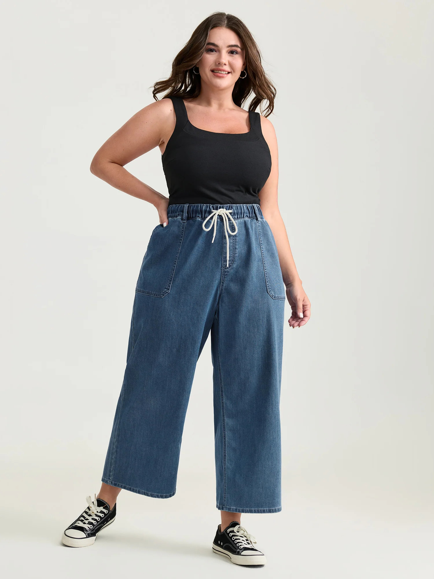 Pull-On Drawstring Elastic Waistband Wide-Leg Jeans | Bloomchic