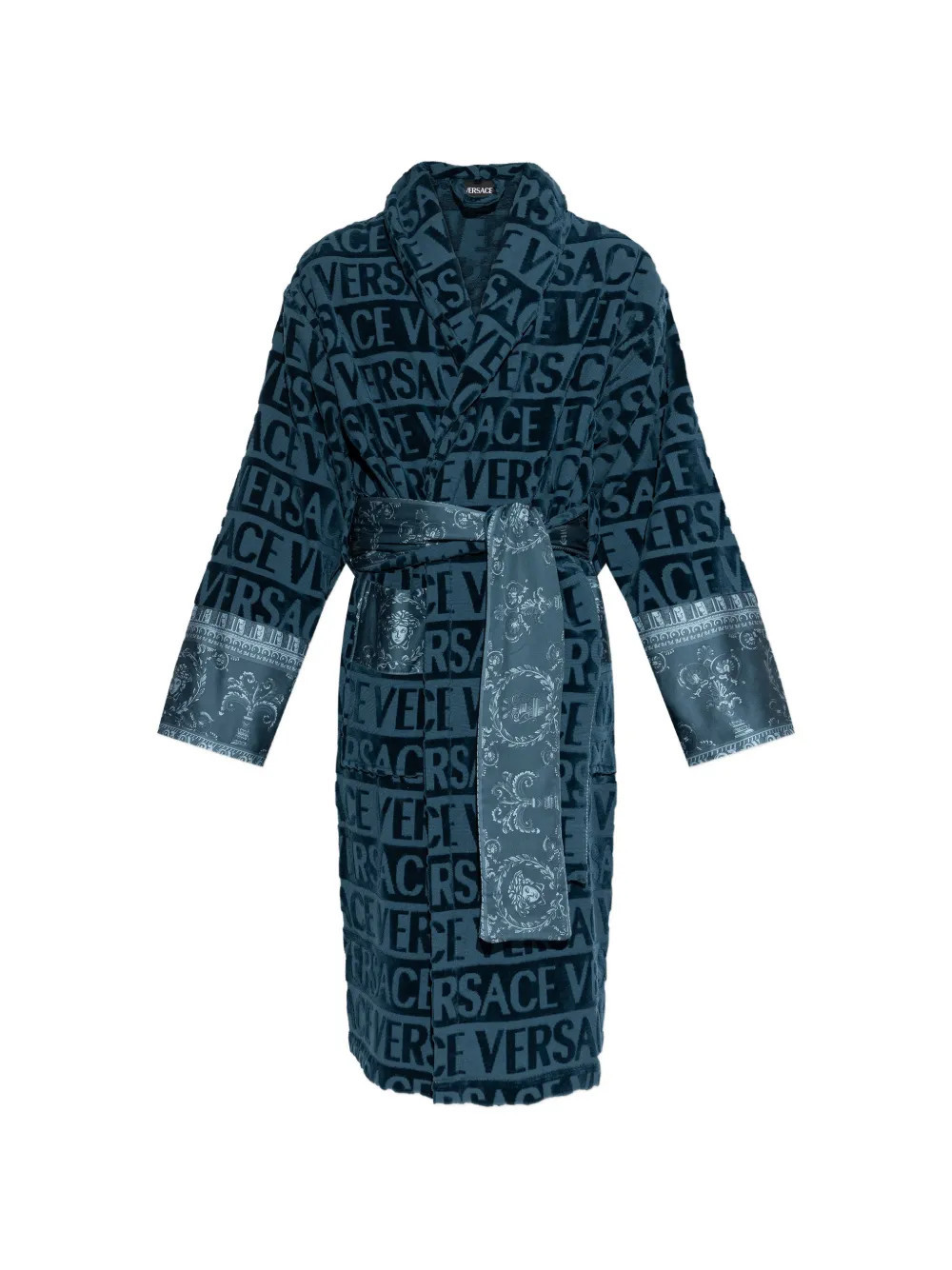 Versace Home logo-pattern belted robe - Blue | Farfetch Global