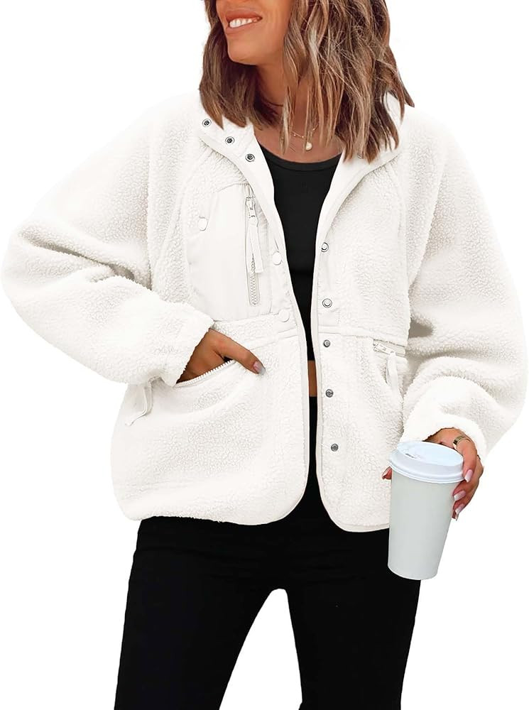 ReachMe Womens Sherpa Jacket Casual Lapel Button Down Cropped Fuzzy Fleece Jackets Long Sleeve Wi... | Amazon (US)