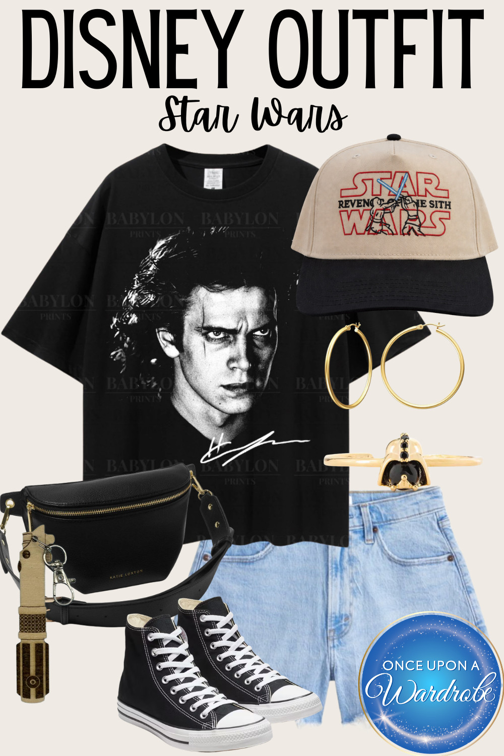 This Star Wars outfit is an easy go-to for park days when you want something a little edgier but still comfortable 🖤 The graphic tee keeps the look bold, while the denim shorts and high-top sneakers make it practical for walking around Disneyland or Disney World all day.

The accessories pull everything together without overcomplicating it—classic hoops, a sleek belt bag, and that Star Wars cap for a subtle themed touch. It’s one of those outfits that works whether you’re riding Rise of the Resistance, grabbing snacks, or just taking photos around the parks.

Also perfect if you’re planning a May the 4th look and want something themed but still wearable beyond just one day—casual, cool, and easy to throw on for any Star Wars fan ✨ 

 #LTKootd #LTKmomlife #LTKTravel