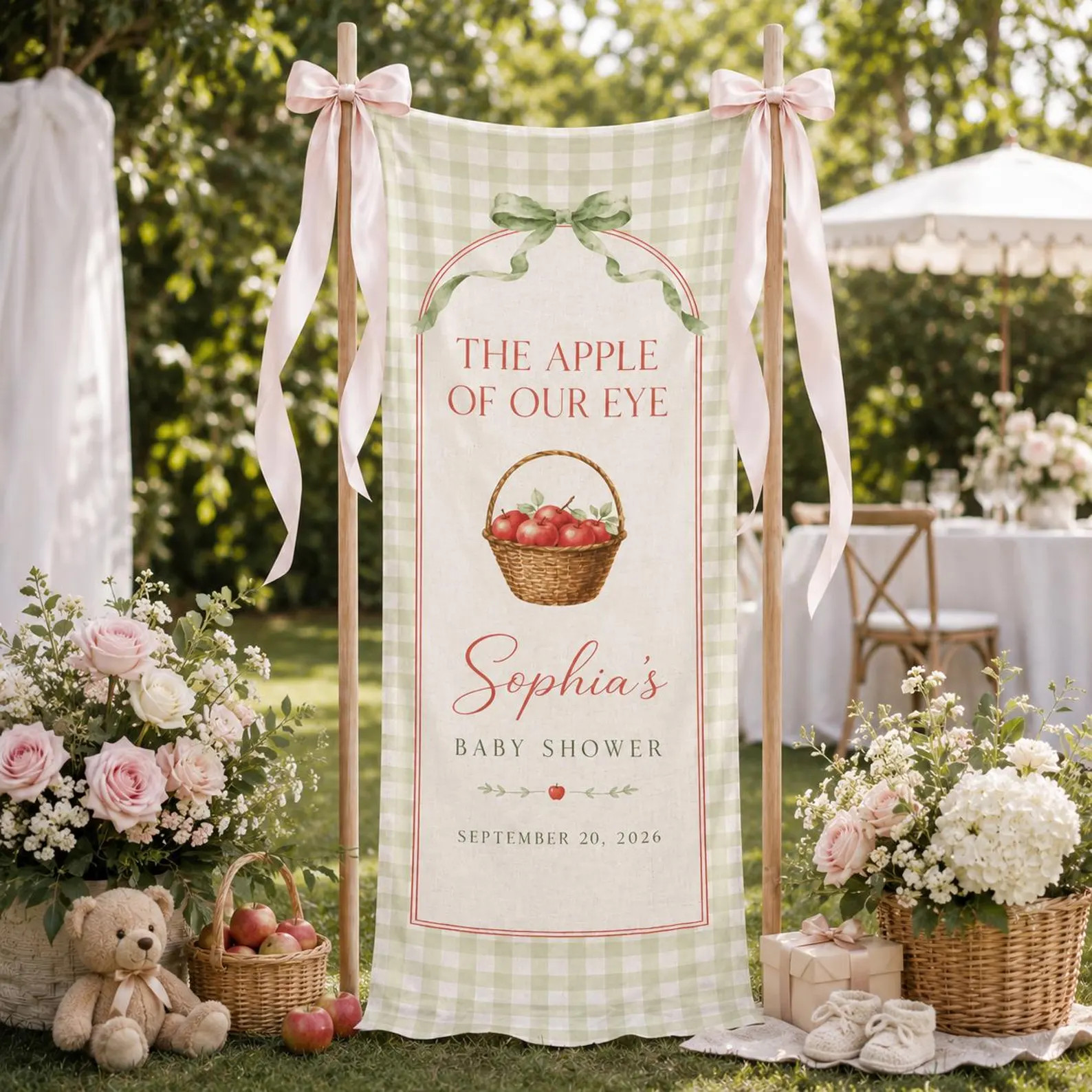 Apple of Our Eye Baby Shower Banner, Personalized Gingham Linen Welcome Sign, Apple Theme Fall Ba... | Etsy (Global)
