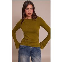 Olive Soft Cotton Boat Neck Flared Long Sleeve Top | PrettyLittleThing UK
