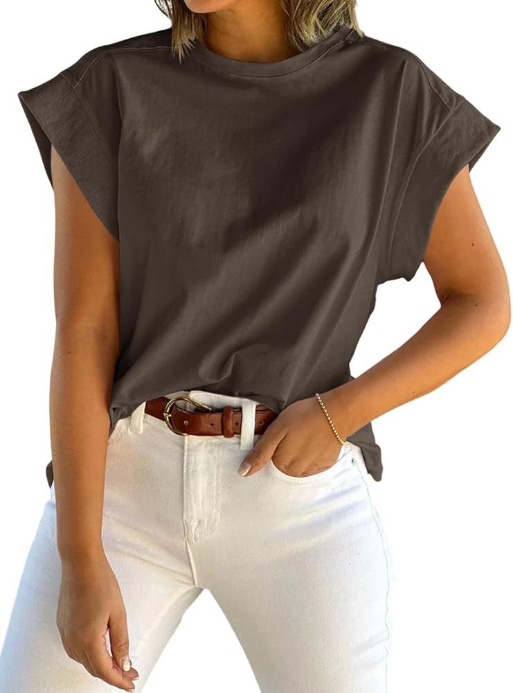 Tankaneo Womens Summer Cap Sleeve Tank Top Crew Neck Solid Casual Loose Fit Basic Tee Shirt | Amazon (US)