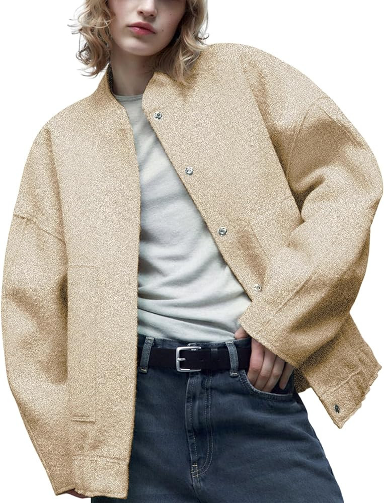 Lentta Women's Wool Blend Jacket Oversized Shacket Casual Button Down Varsity Jacket with Pockets... | Amazon (US)