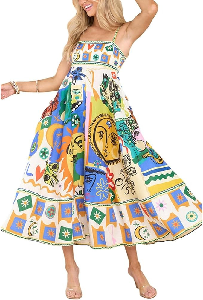 Women Tie Shoulder Graphic Boho Maxi Dress Sleeveless Flowy A Line Dress Summer Vocation Graffiti... | Amazon (US)
