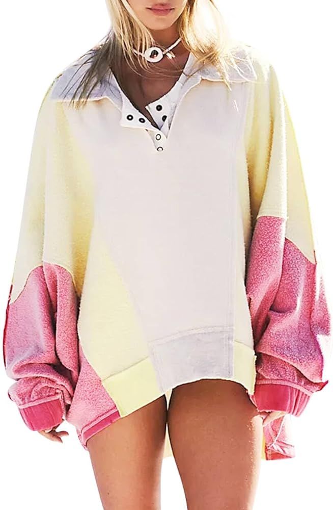 HIBISUME Sidewalk Sweatshirt Dupes V-neck Long Sleeve Shaker Fleece Pullover Collor Combo Sweatsh... | Amazon (US)