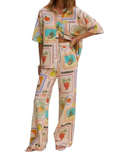2 Piece Outfits for Women Short Sleeve Button Down Shirt Top Wide Leg Pants Sets Boho Print Pajam... | Amazon (US)
