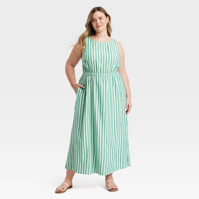 Women's Maxi A-Line Dress - Universal Thread™ Green Striped 3X: Cotton Rayon Blend, Backless, S... | Target