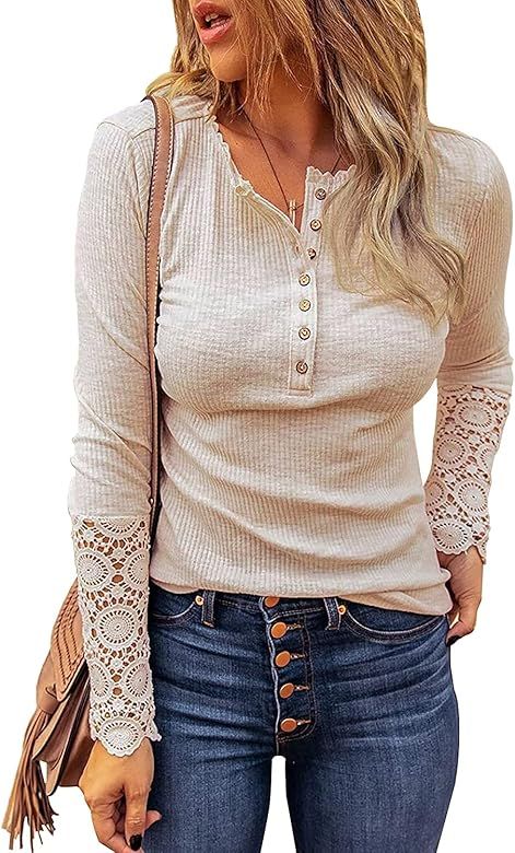 BTFBM Women Long Sleeve V Neck Button Up Solid Tops Blouses Trendy Slim Fit Lace Sleeves Ribbed K... | Amazon (US)