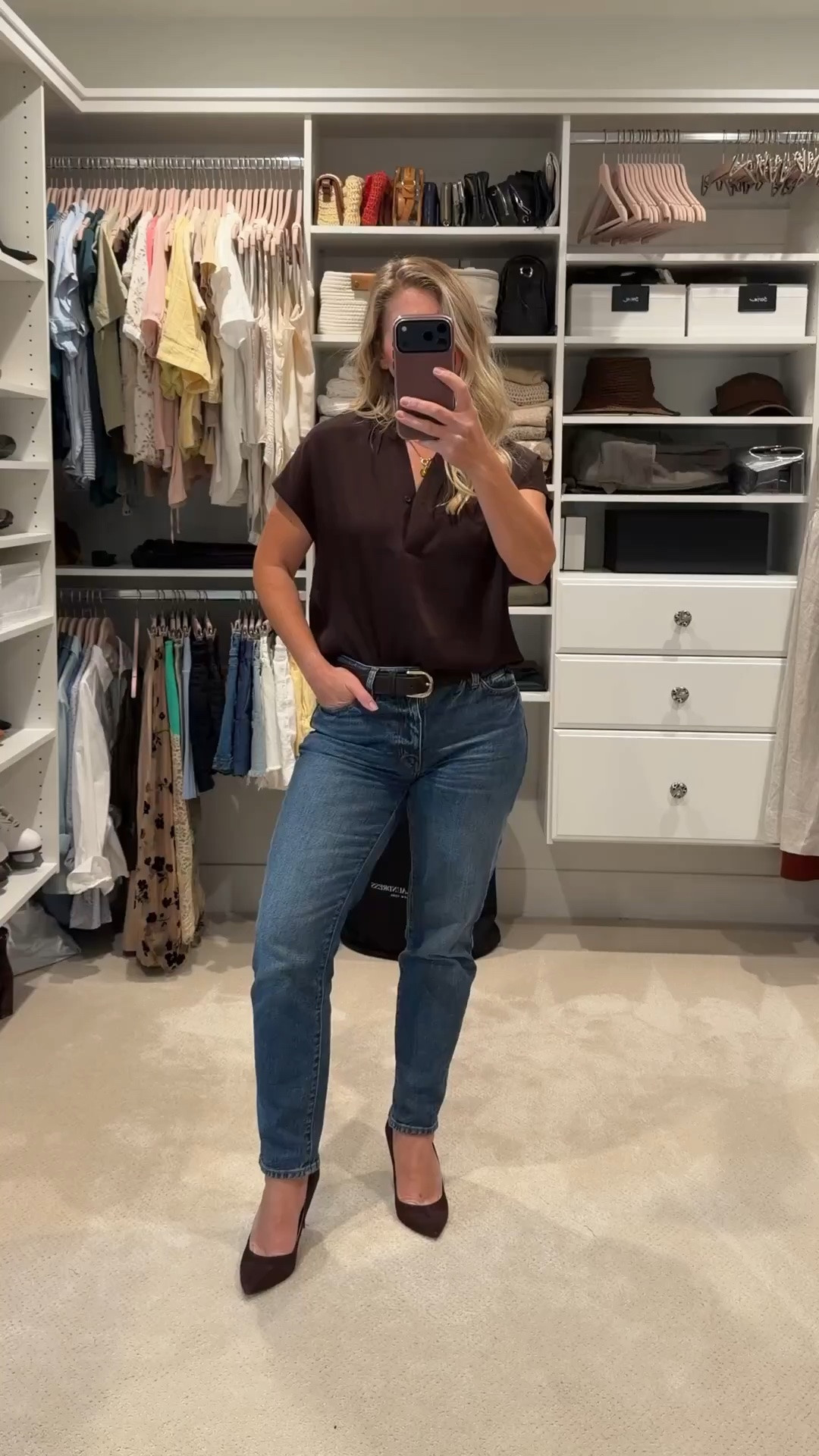 Easy summer to fall outfit - chocolate brown blouse + straight leg denim + suede pumps + belt + gold jewelry

#LTKootd #LTKPetite #LTKOver40