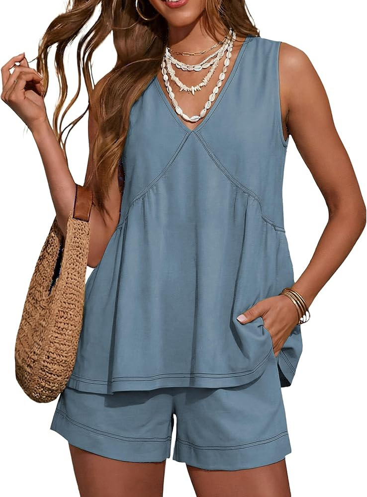Hooever Women's 2 Piece Outfits Sleeveless V Neck Ruffle Sets Summer Contrast Stitching Tunic Top... | Amazon (US)