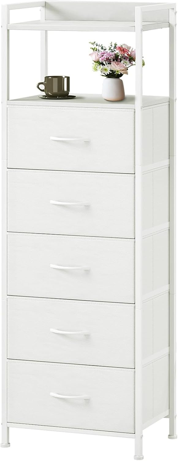 Somdot Tall Dresser for Bedroom, 5 Drawers Nightstand Vertical Storage Tower Unit, Night Stand Furniture with Fabric Drawer Organizer in Bedside Hallway, Entryway, Kids Room, Closet, White Leather | Amazon (US)