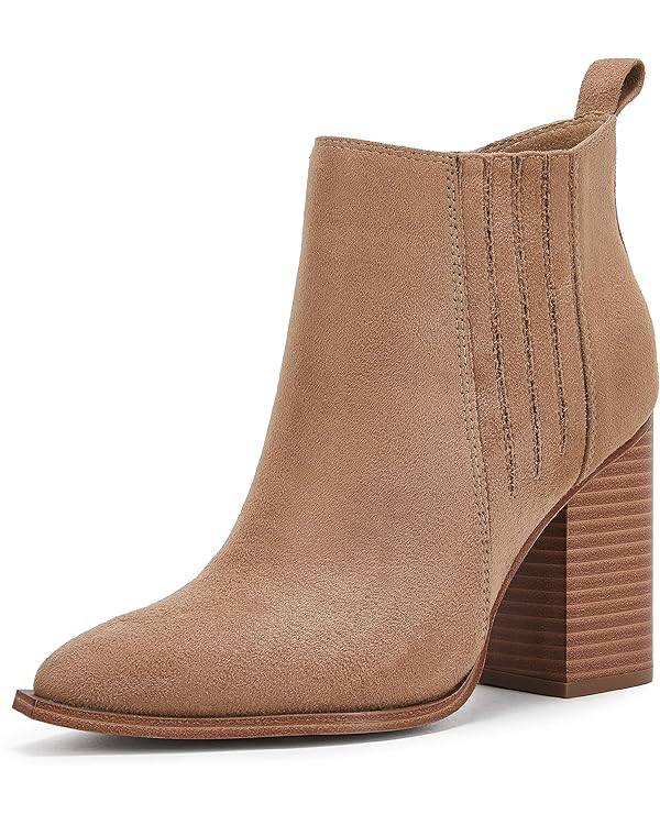 Womens Pointed Toe Slip on Ankle Booties Stacked Mid Block Heel Shoes Faux Leather Boots | Amazon (US)