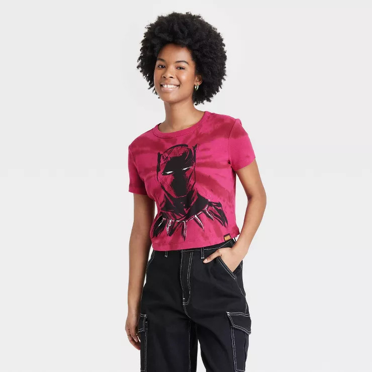 Women's Marvel Black Panther x Nikkolas Smith Short Sleeve Graphic Cropped T-Shirt - Pink | Target