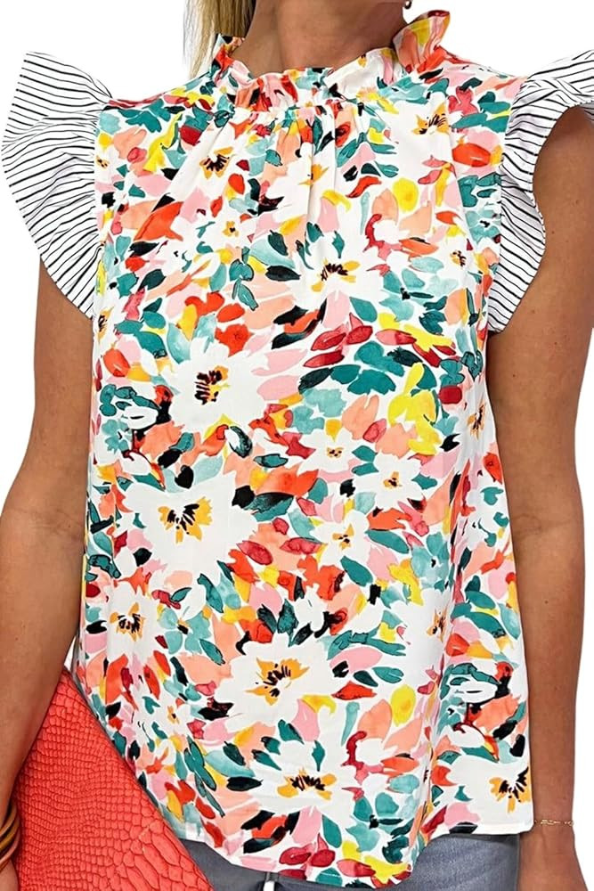 Deer Lady Women's 2024 Casual Blouses Light Blue Floral Print Striped Ruffled Sleeve Blouse | Amazon (US)
