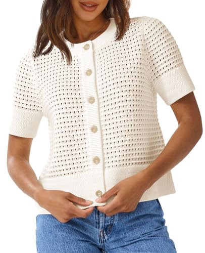 Saodimallsu Womens Crochet Short Sleeve Cardigans Button Up Crew Neck Summer Beach Knit Sweater Tops White | Amazon (US)