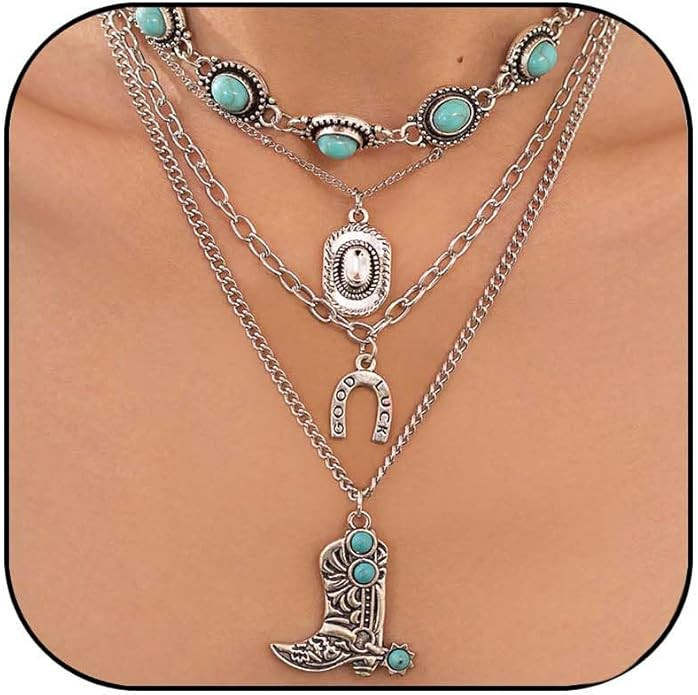 Western Turquoise Necklace for Women Cowgirl Cowboy Boot Necklaces Country Horseshoe Neckalce Wes... | Amazon (US)