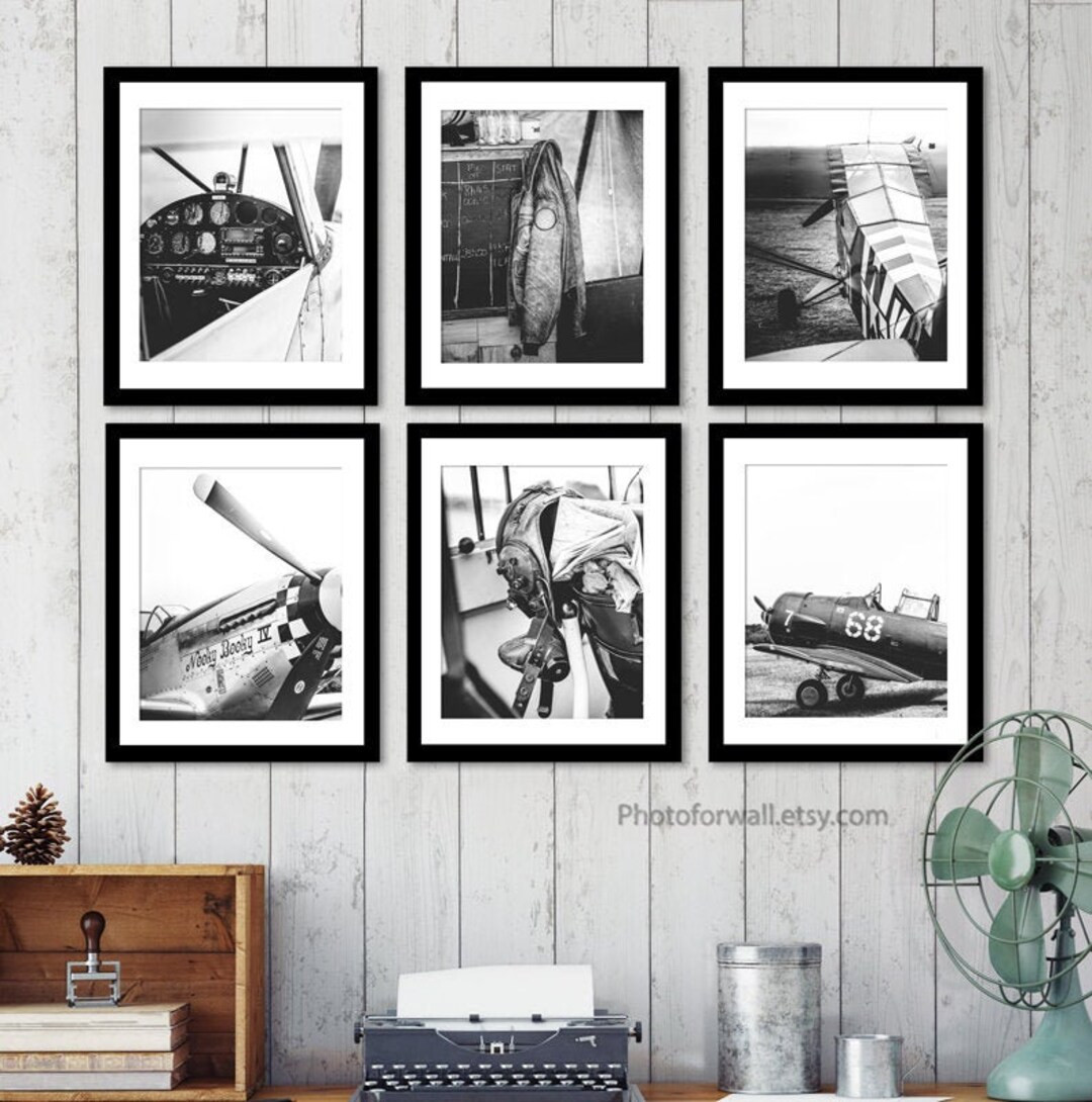 Black and white wall art Vintage Aviation decor, Airplane Gift for female pilot set of 6 prints, ... | Etsy (US)