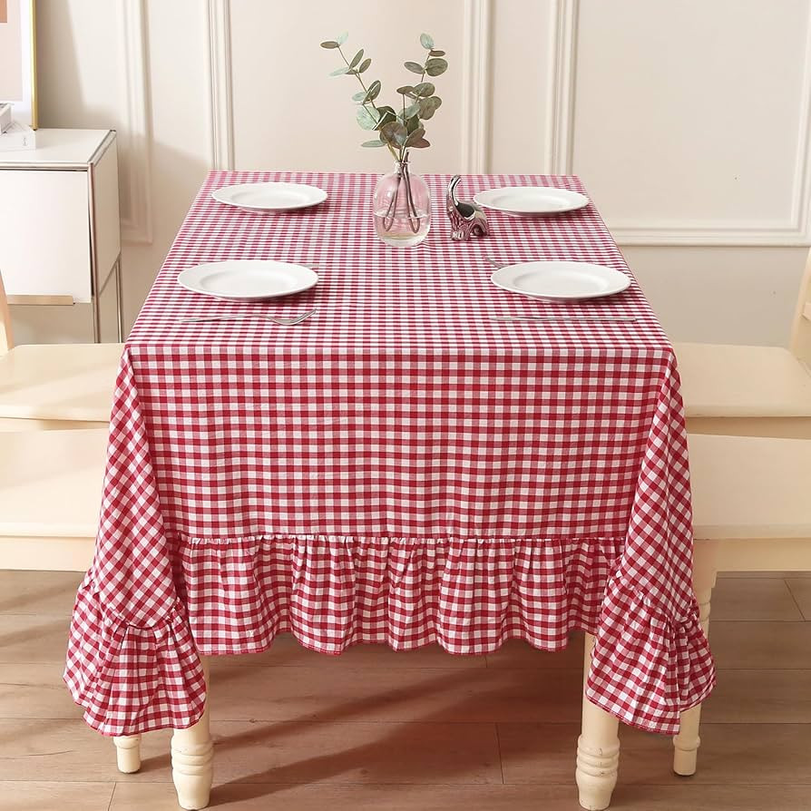 Red White Plaid Gingham Ruffled Table Cloth for Rectangle Table 6-8 Seats, 100% Washed Cotton Cla... | Amazon (US)