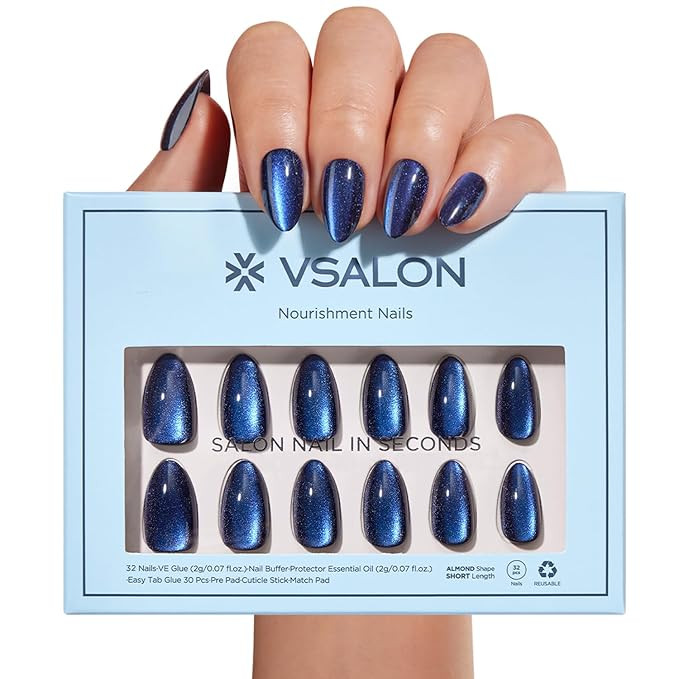 VSALON Press on Nails Short Almond - Blue Cat Eye Chrome Glue On Nails Kit for Women, Reusable Op... | Amazon (US)