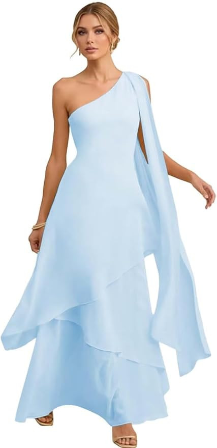 One Shoulder Bridesmaid Dress for Women Ruffles Chiffon Prom Dress Layered Evening Gowns Formal w... | Amazon (US)