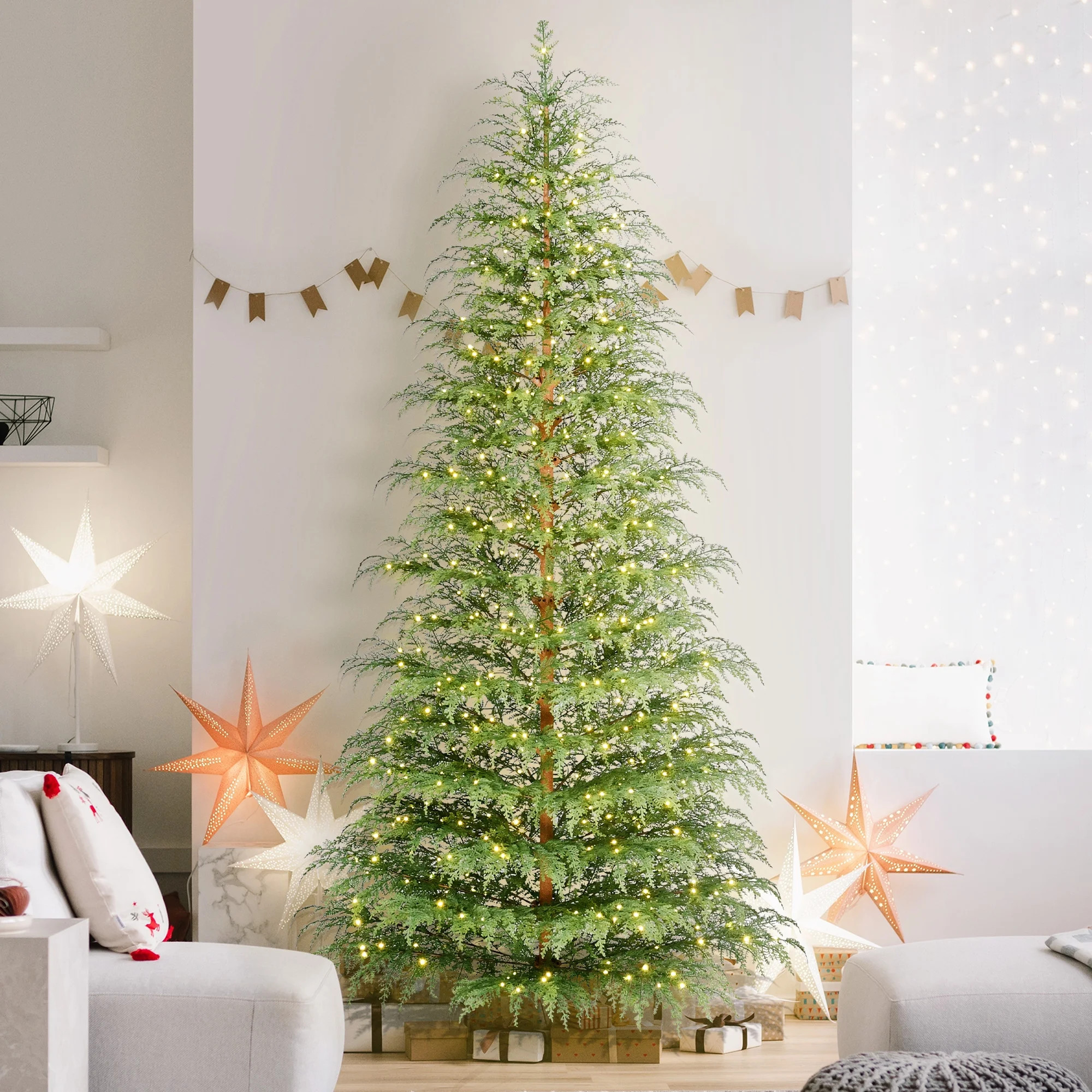 9' Pre-Lit Green Cypress Artificial Christmas Tree with 600 Warm White Twinkle LED Lights, by My ... | Walmart (US)