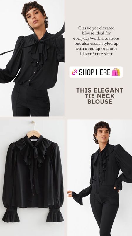 Sale find: Classic yet elevated blouse ideal for
everyday/work situations but also easily styled up with a red lip or a nice blazer / cute skirt - elevated tie neck drilled black blouse with balloon sleeves / sale alert

#blouse #blackoutfit #workwear #workfits #&otherstories #fashionblogger #winterfashion

#LTKworkwear #LTKstyletip #LTKsalealert