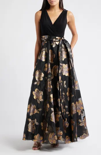 Floral Metallic Sleeveless Mixed Media Ballgown | Nordstrom