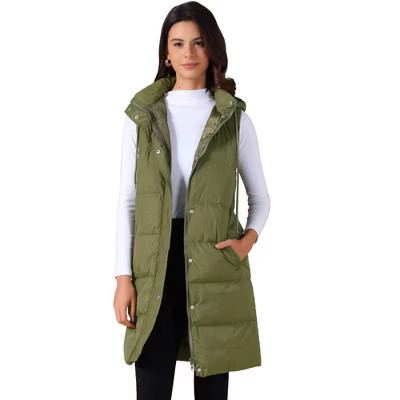 INSPIRE CHIC Women's Long Casual Sleeveless Zippered Hooded Down Puffer Vest Green X-Large | Target