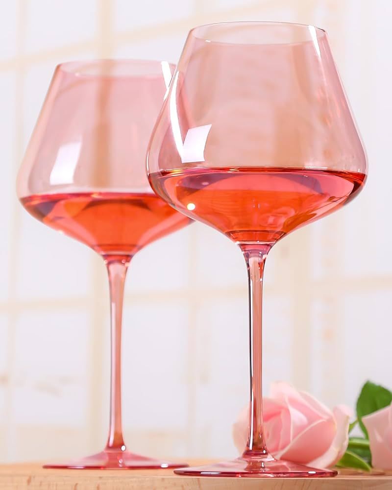 Physkoa Pink Wine Glasses Set of 2-22 oz，Crystal, Unfading Color, Hand-blown, Large Burgundy Wi... | Amazon (US)