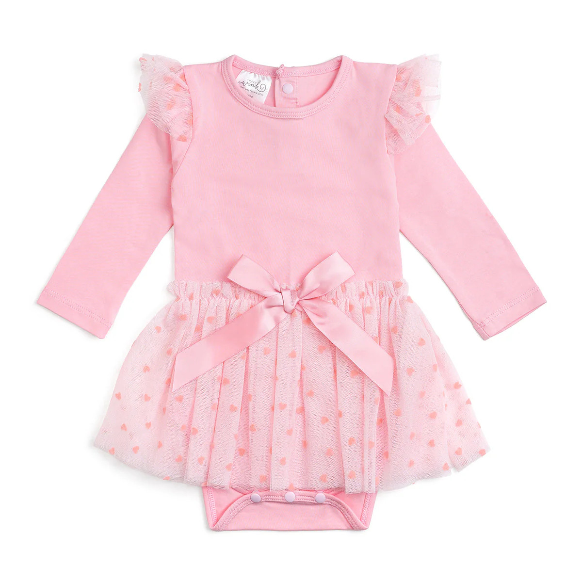 Flocked Heart Valentine's Day Tiered Long Sleeve Tutu Bodysuit | Sweet Wink