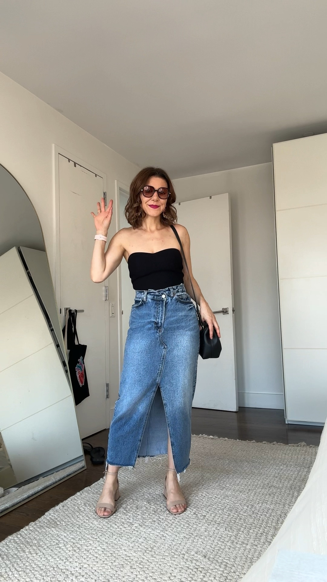 Summer chic outfit with maxi denim skirt and strapless top #summerinspo #ltkpetite