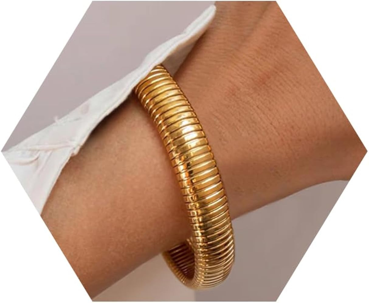 Gold Bangles for Women Chunky Stretch Bangles Bracelets Set 18K Gold Plated Stainless Steel Link ... | Amazon (US)