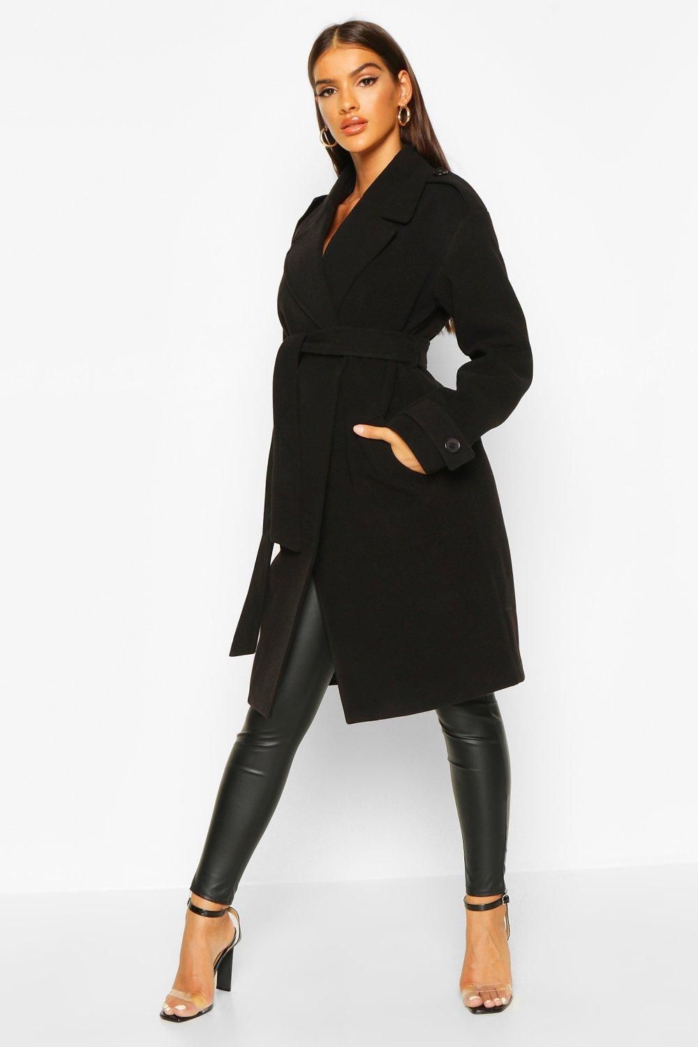 Womens Belted Collared Wool Look Coat - Black - 12 | Boohoo.com (US & CA)