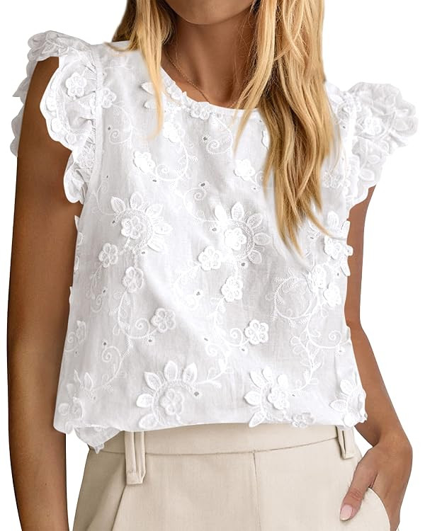 KIRUNDO Womens Tops Crewneck Lace Embroidered Floral Boho Shirts Casual Ruffle Cap Sleeve Babydol... | Amazon (CA)