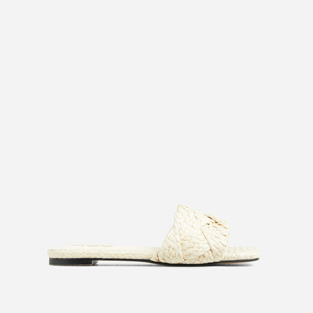 Over-You Woven Detail Square Toe Flat Slider Sandal In Cream | EGO (UK)