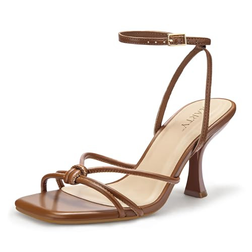 PARTY Women's Square Open Toe Strappy Heeled Sandals 3 inch Stiletto Kitten Heel with Ankle Buckle Strap, Comfortable Slingback Summer Dress Shoes,Brown Pu,8.5 | Amazon (US)