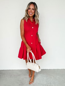 Buttoned Simplicity Sleeveless Mini Dress-Red | Ruthie Grace