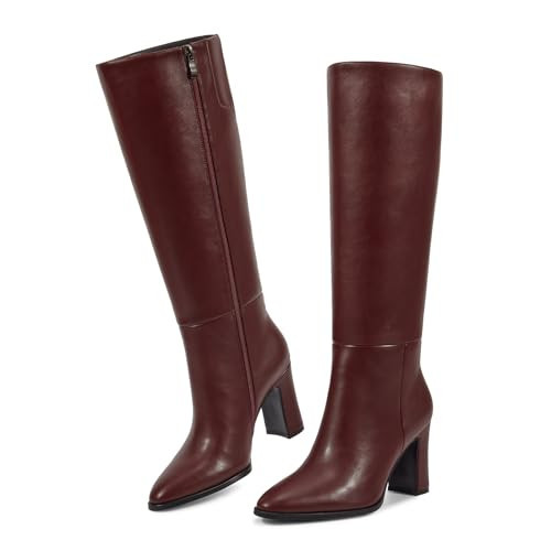 wetkiss Burgundy Boots for Women Knee High Chunky Heel Pointed Toe Boots Zipper Long Boot Womens PU Leather Mid Heel Fall Winter Boot for Date Party Work, Size 8 | Amazon (US)