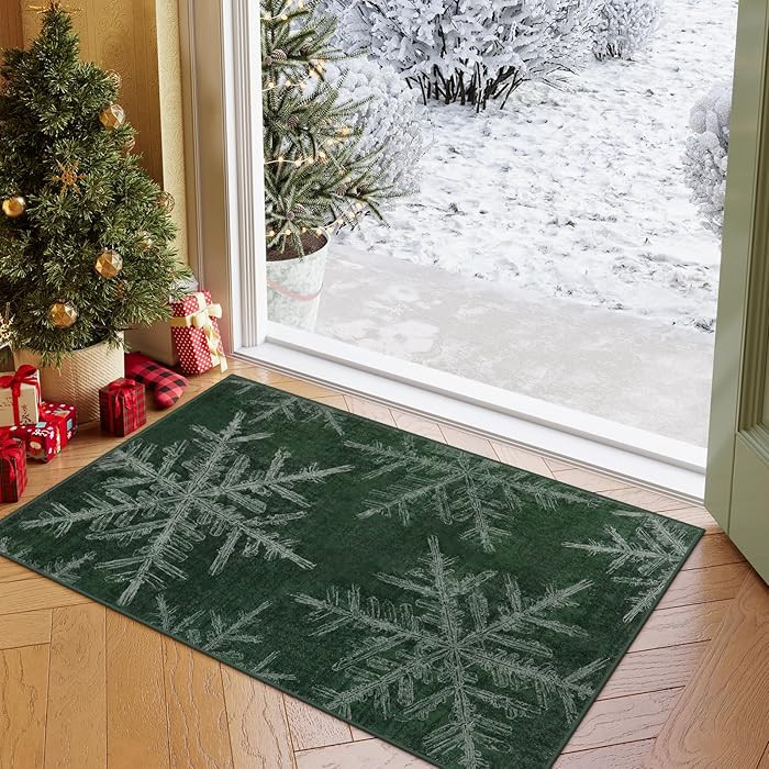 Lahome Snowflake Christmas Kitchen Rugs, 2x3 Washable Christmas Door Mat Indoor Non Slip Green Ru... | Amazon (US)