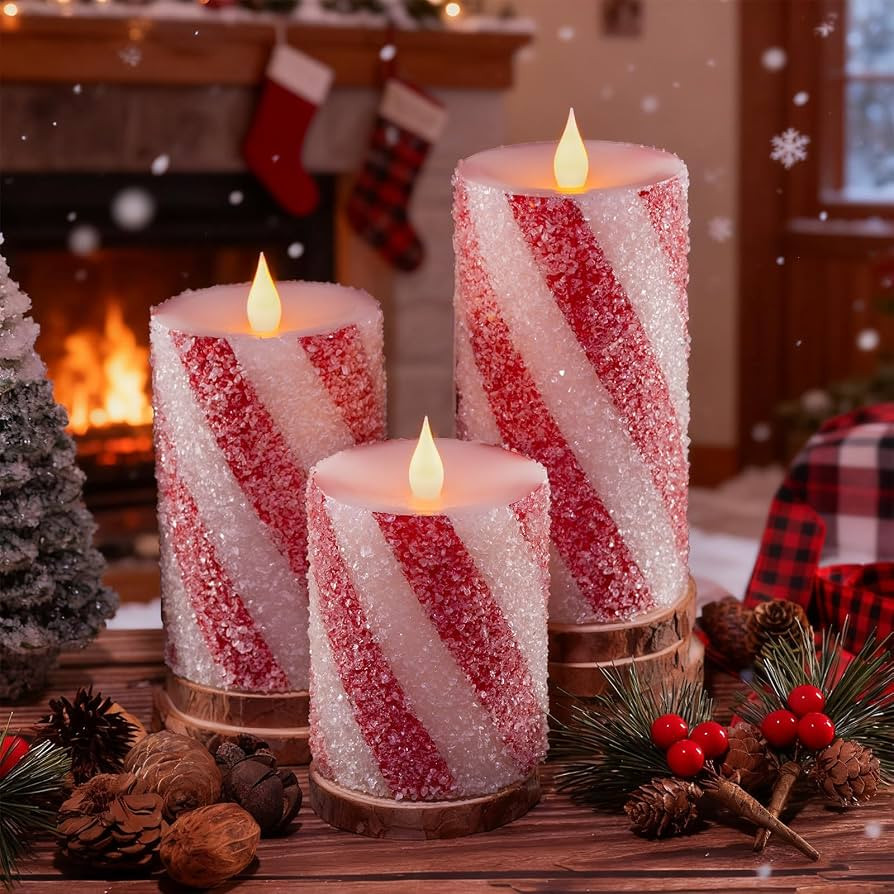 3 Pcs Christmas Candy Cane Stripe Flameless Candles, Real Wax Red &White Glitter Striped LED Pill... | Amazon (US)