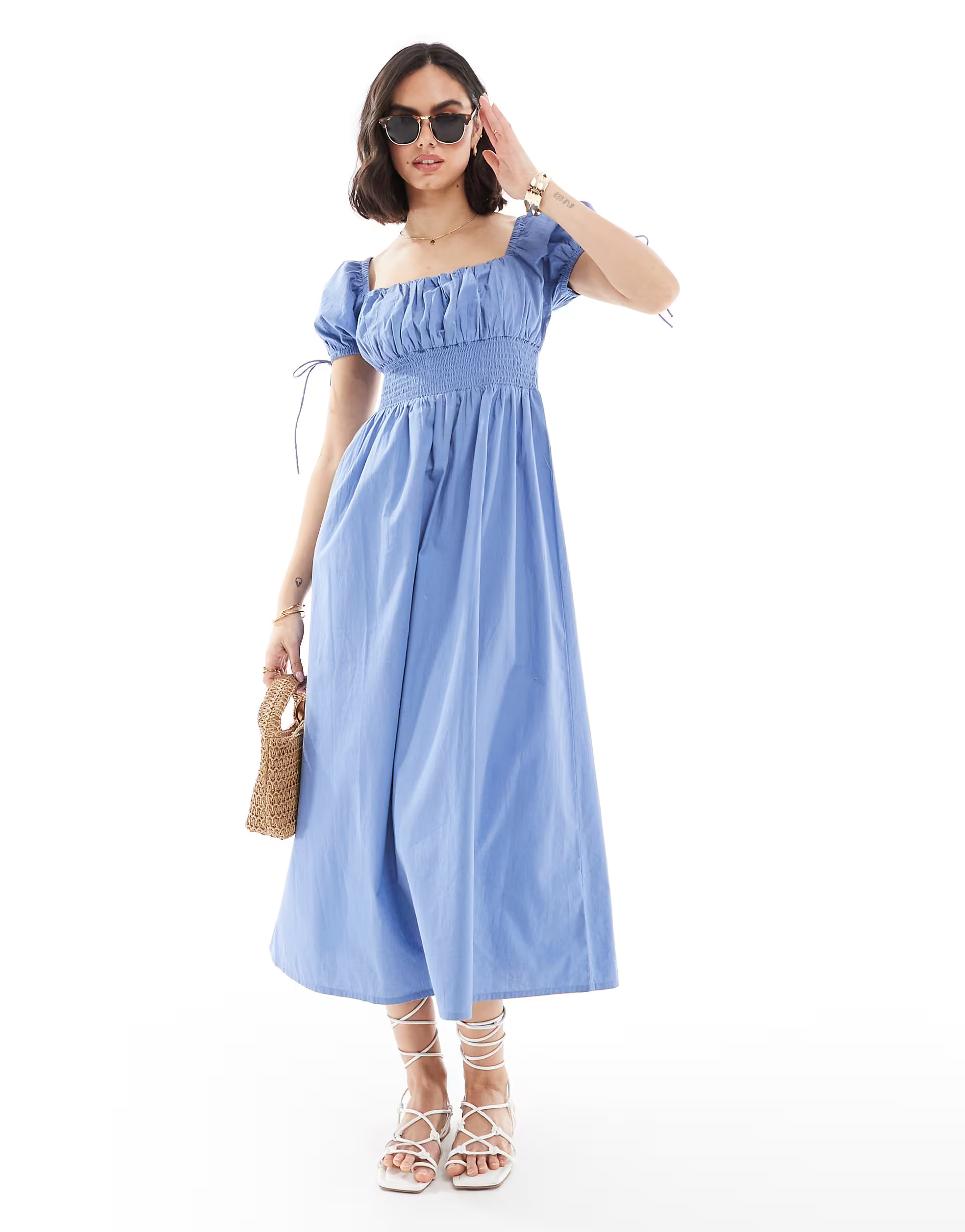 Brave Soul milkmaid puff sleeve dress in blue | ASOS | ASOS (Global)
