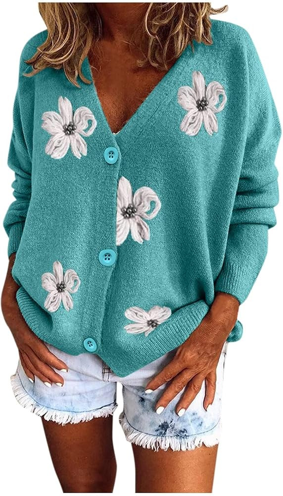 Women's Button Down V Neck Long Sleeve Floral Open Front Knit Cardigan Sweater | Amazon (US)